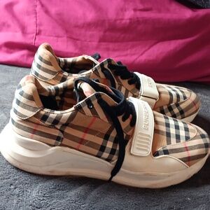 Burberry Plaid Athletic Shoes - Black, White, and Tan